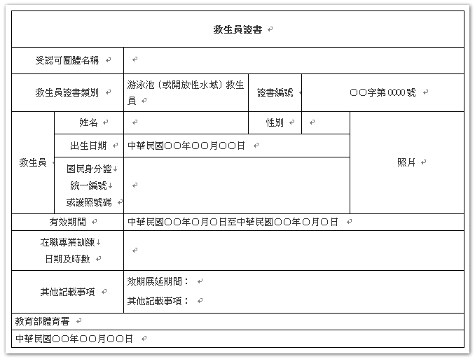 中華海浪救生總會證書樣式